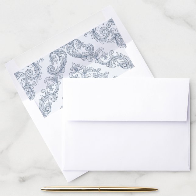 Dusty Blue Baroque Damask Pattern Envelope Liner (Desk)