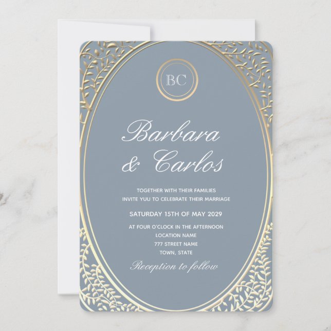 Dusty Blue Baroque Gold Wedding Invitation (Front)