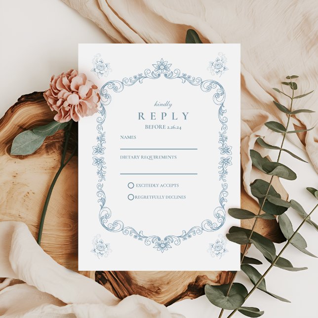 Dusty Blue Baroque Line Art Wedding RSVP Card (Creator Uploaded)