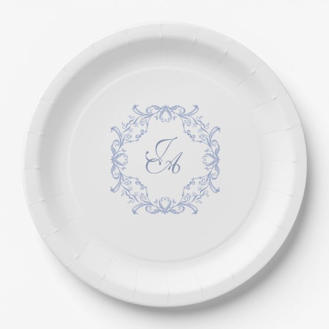 Dusty Blue Baroque Monogram Wedding Paper Plate (Front)