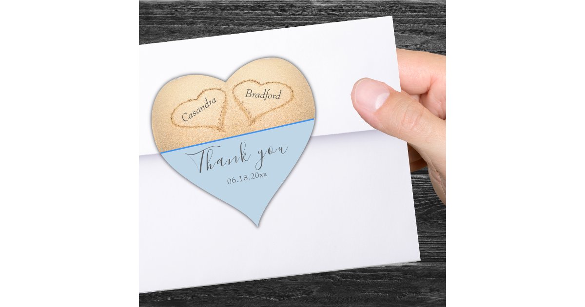 Dusty Blue Beach 2 Heart Sand Wedding Thank You Heart Sticker | Zazzle