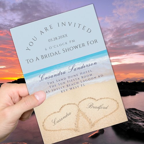 Dusty Blue Beach  2 Hearts in Sand Bridal Shower Invitation