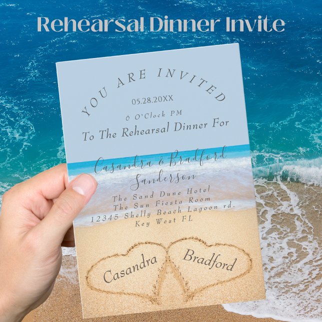 Dusty Blue Beach  2 Hearts Sand Rehearsal Dinner Invitation (Creator Uploaded)