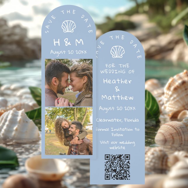 Dusty Blue Beach Hand Drawn Wedding Save the Date Bookmarks (Creator Uploaded)