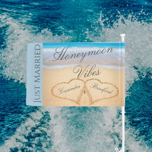 Dusty Blue Beach Hearts Sand Just Married Boat Car Flag
