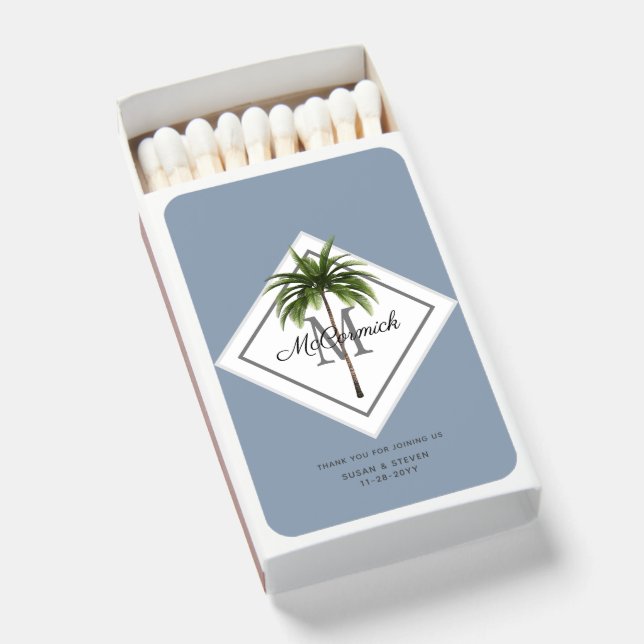 Dusty Blue Beach Palm Tree Monogram Wedding Favor Matchboxes (Front Open)