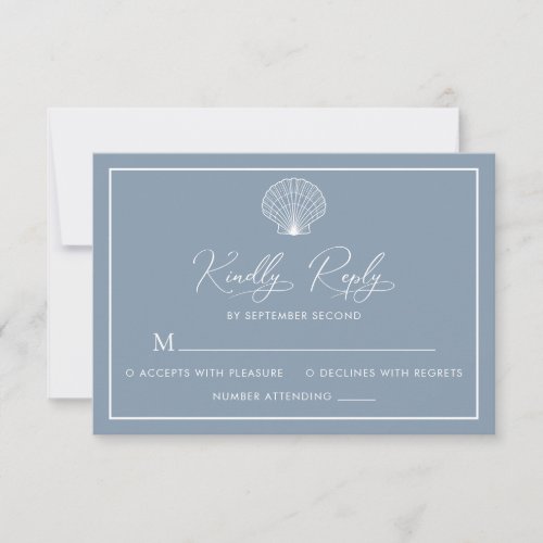 Dusty Blue Beach Seashell Elegant Wedding RSVP Card