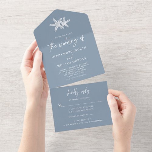 Dusty Blue Beach Starfish Minimal Wedding All In One Invitation