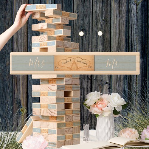 Dusty Blue Beach Wedding 2 Heart Sand Monogram Topple Tower