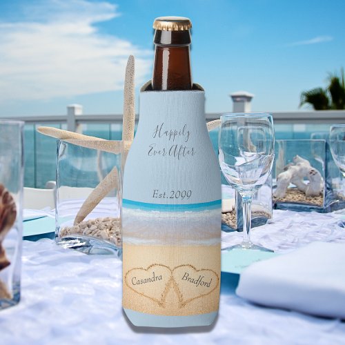 Dusty Blue Beach Wedding 2 Hearts  Bottle Cooler