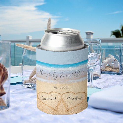 Dusty Blue Beach Wedding 2 Hearts  Can Cooler