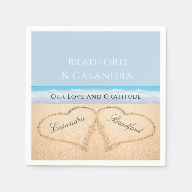  Dusty Blue Beach Wedding 2 Hearts in the Sand Napkins (Front)