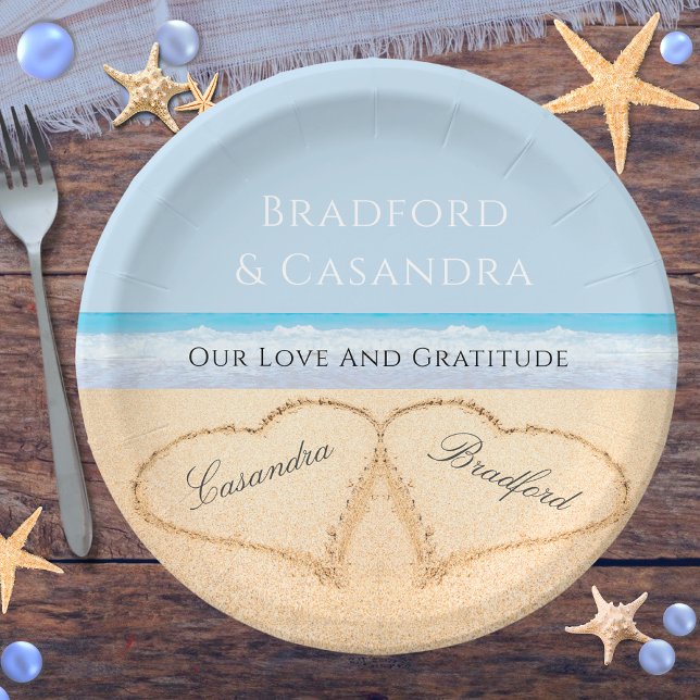  Dusty Blue Beach Wedding 2 Hearts in the Sand Paper Plates (Creator Uploaded)