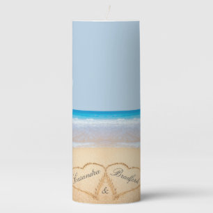 Dusty Blue Beach Wedding 2 Hearts in the Sand Pillar Candle