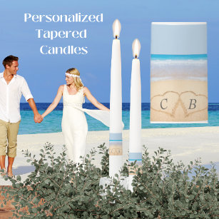 Dusty Blue Beach Wedding 2 Hearts in the Sand   Taper Candle