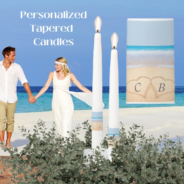 Dusty Blue Beach Wedding 2 Hearts in the Sand   Taper Candle (Creator Uploaded)
