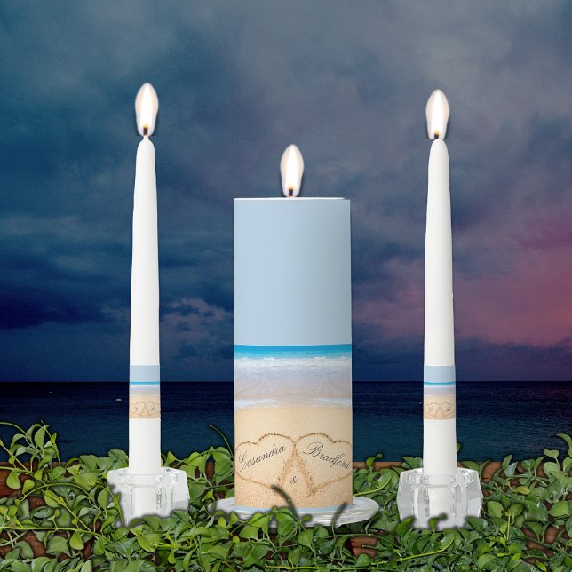 Dusty Blue Beach Wedding 2 Hearts in the Sand   Unity Candle Set (Creator Uploaded)