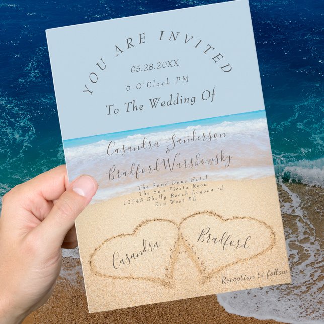 Dusty Blue Beach Wedding 2 Hearts Sand Wedding   Invitation (Creator Uploaded)