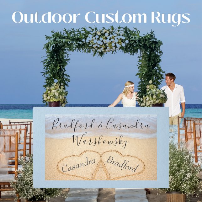 Dusty Blue Beach Wedding Couples Names Hearts Sand Outdoor Rug (Creator Uploaded)