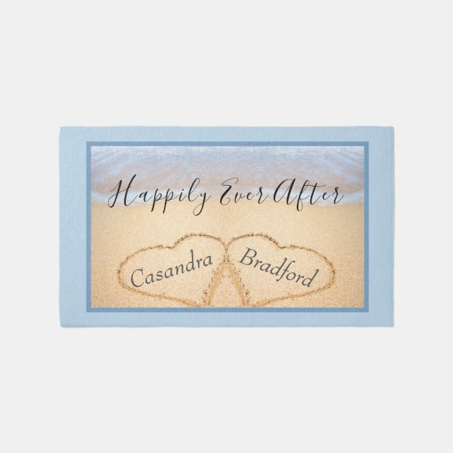 Dusty Blue Beach Wedding Couples Names Hearts Sand Rug (Front)