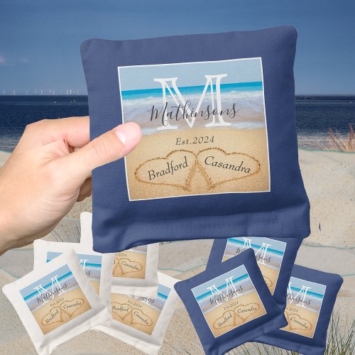 Dusty Blue Beach Wedding Heart in Sand monogram Cornhole Bags