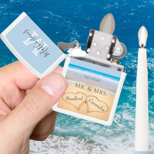 Dusty Blue Beach Wedding Heart Sand Monogram Zippo Lighter (Creator Uploaded)