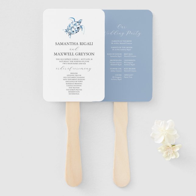 Dusty Blue Beach Wedding Program Hand Fan (Front and Back)