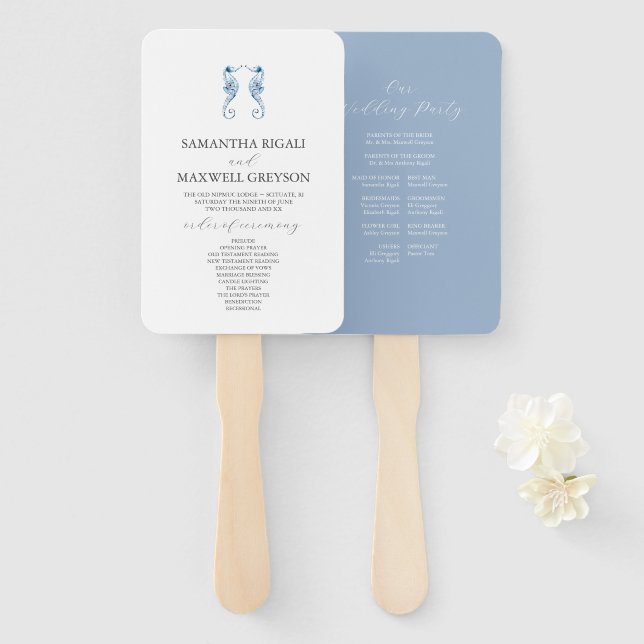 Dusty Blue Beach Wedding Program | Seahorses Hand Fan (Front and Back)