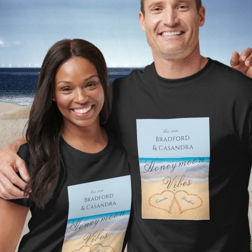 dusty Blue Beach with 2 Hearts in the Sand T_Shirt