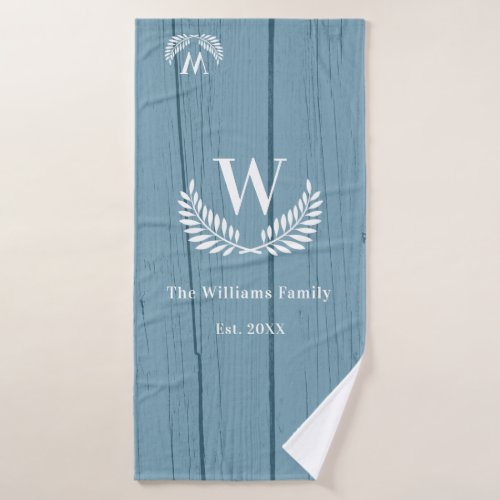 Dusty blue beach wood family monogram initial bath towel