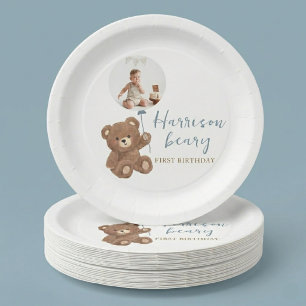 Dusty Blue Bear First Birthday Photo - Boy Bear Paper Plates