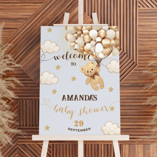 Dusty Blue Bear Gold Balloons Baby Shower Welcome Poster