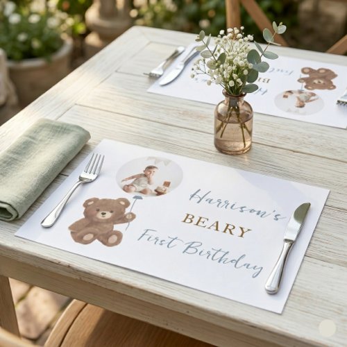 Dusty Blue Bear Photo Birthday Paper Placemats