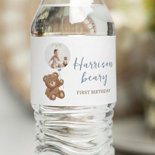Dusty Blue Bear Photo Water Bottle Labels (Creator Uploaded)
