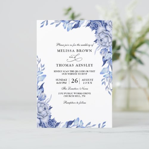 Dusty Blue Beautiful Flower Budget Qr Code Wedding Invitation