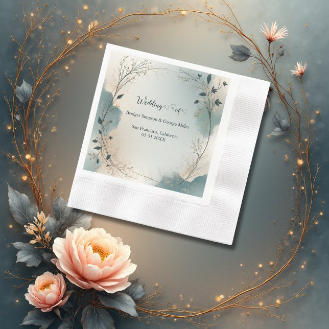 Dusty Blue Beige Boho Chic foliage wreath Wedding Napkins (Creator Uploaded)