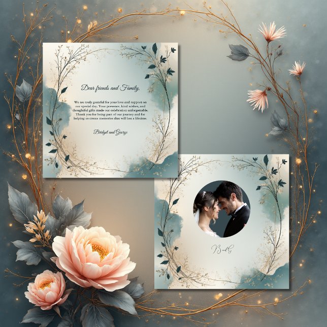 Dusty Blue Beige Boho foliage wreath Wedding photo Thank You Card (Creator Uploaded)