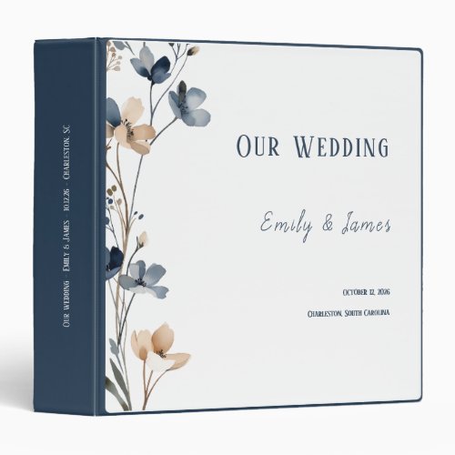 Dusty Blue Beige Botanical Modern Elegant Wedding 3 Ring Binder