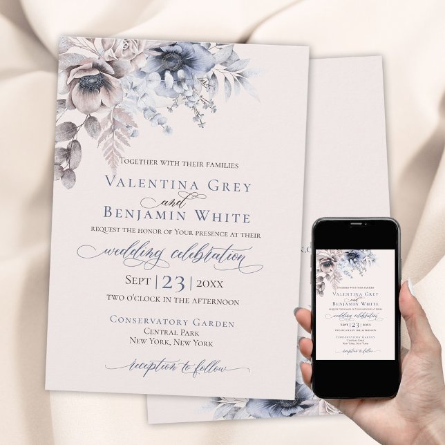 Dusty blue beige floral elegant invitation (Beige blue elegant classy wedding invitation. )