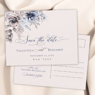 Dusty blue beige floral elegant Save the Date Postcard