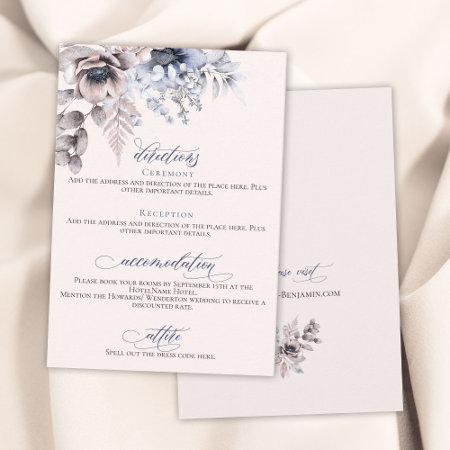 Dusty Blue Beige Floral Elegant Wedding Details Enclosure Card