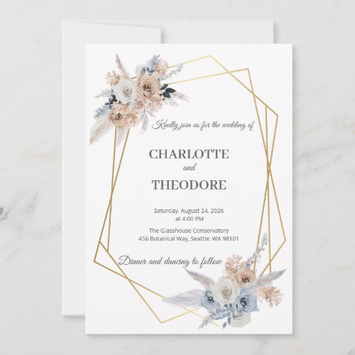 Dusty Blue Beige Floral Gold Geometric Invitation