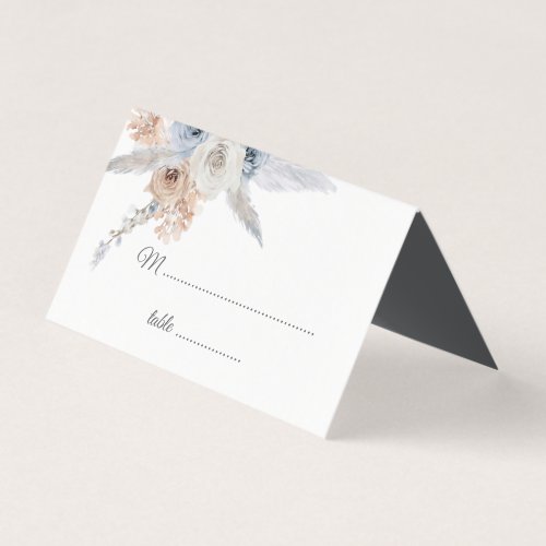 Dusty Blue Beige Floral Gold Geometric Place Card