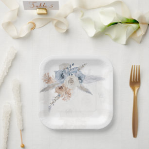 Dusty Blue Beige Floral Pampas Boho Wedding Paper Plates