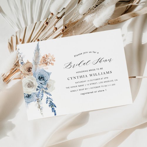 dusty blue beige floral pampas bridal shower invitation