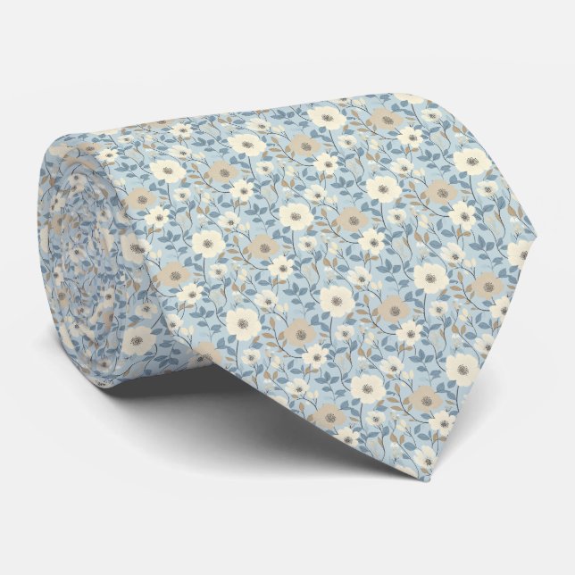Dusty Blue Beige Floral Wedding Groom Groomsman Neck Tie (Rolled)
