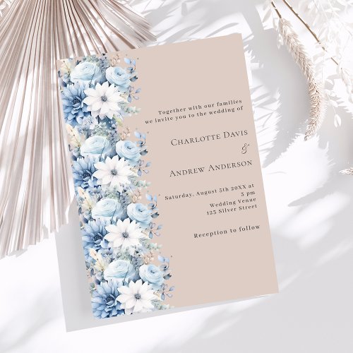 Dusty blue beige florals elegant wedding invitation