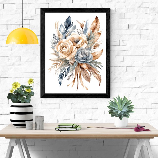 Dusty Blue Beige Neutral Colors Floral Boho  Poster (Boho Dusty Blue Beige Floral Botanical Feathers Watercolor Wall Art poster print)