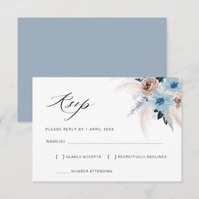 dusty blue beige pampas floral RSVP card (Front/Back)