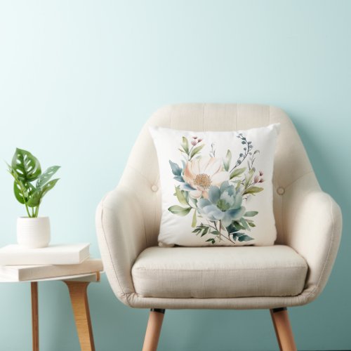 Dusty Blue Beige Peach Watercolor Floral Throw Pillow
